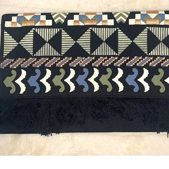 Stella & Dot Taj Multicolor Woven Tribal Fringed Geometric Envelope Clutch Bag - Picture 1 of 9